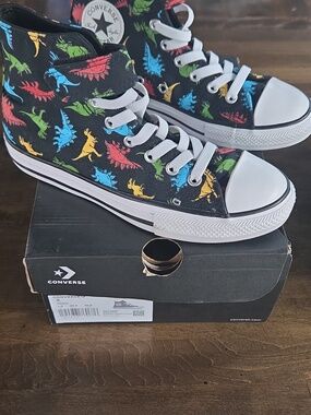 Converse Size 2 Kids Black High-Top Sneakers with Colorful Dinosaur Print